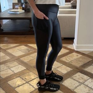 ALALA, Black Leggings/Striped Mesh Detailed, Small